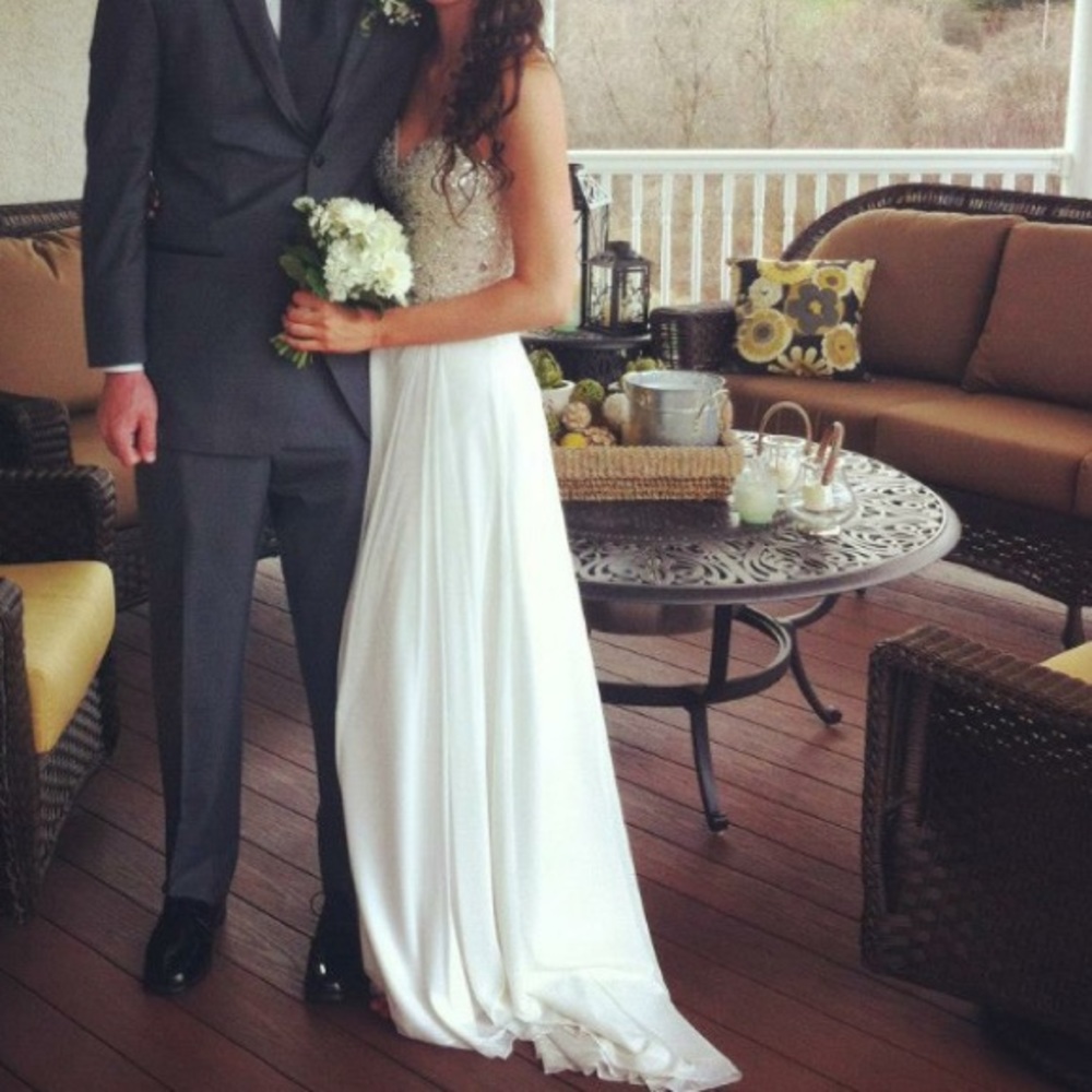 white floor length rhinestoned prom dress